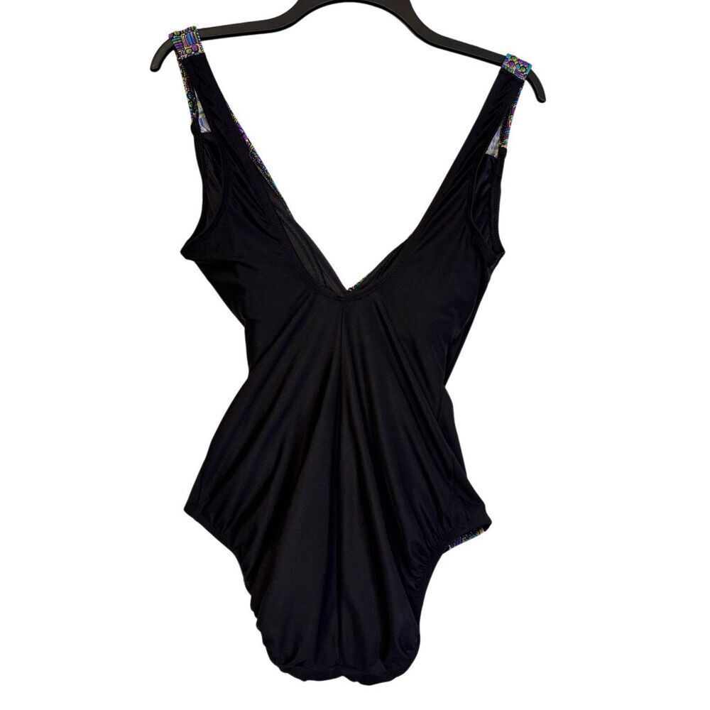 Longitude Black/Multi Wrap Look V-Neck Swimsuit Sz. 12 Flattering Wrap Look - Picture 4 of 7